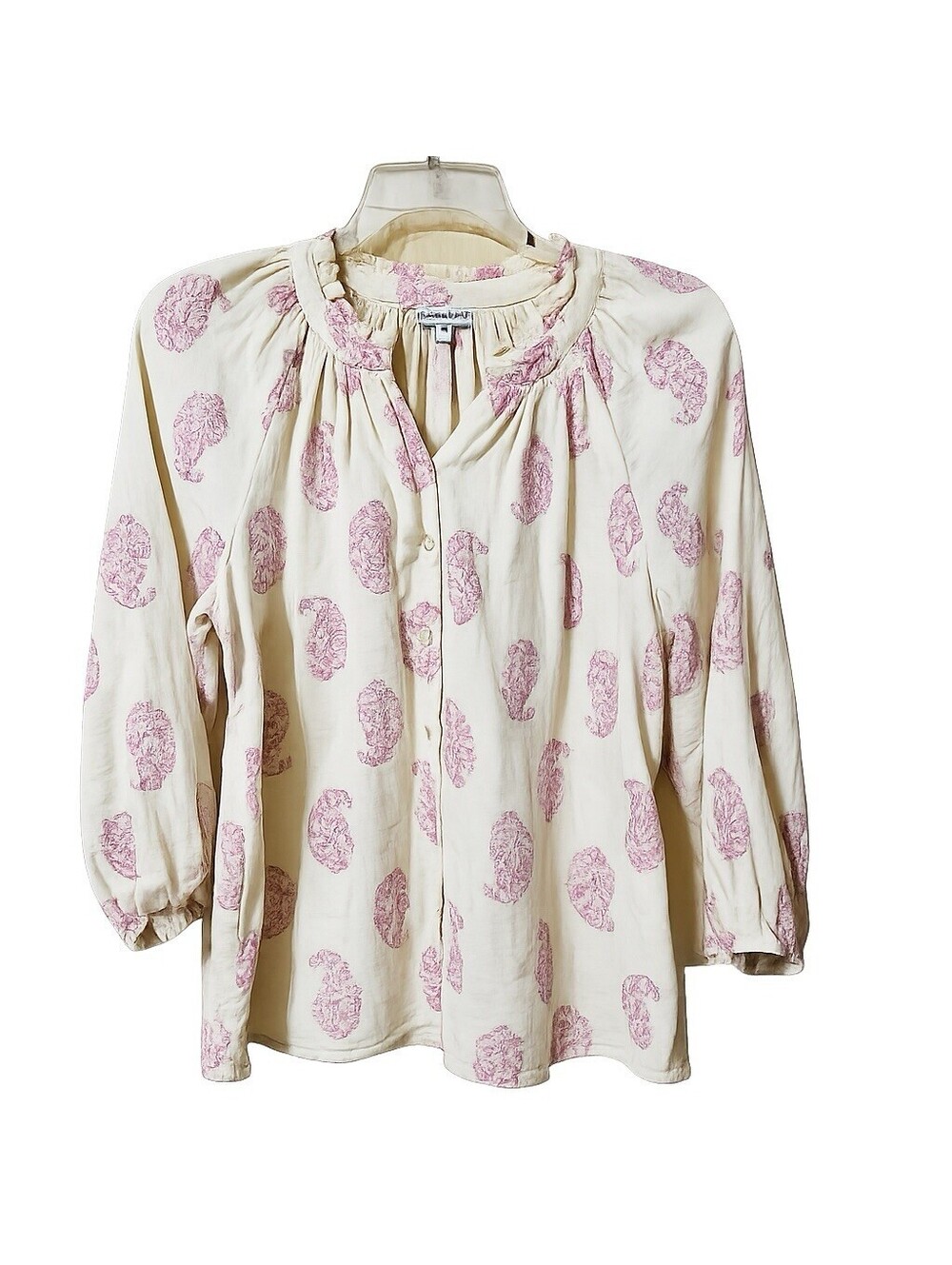 Wonderly Medium Boho Blouse Cream Pink Paisley Print Peasant Top 3/4 Sleeve